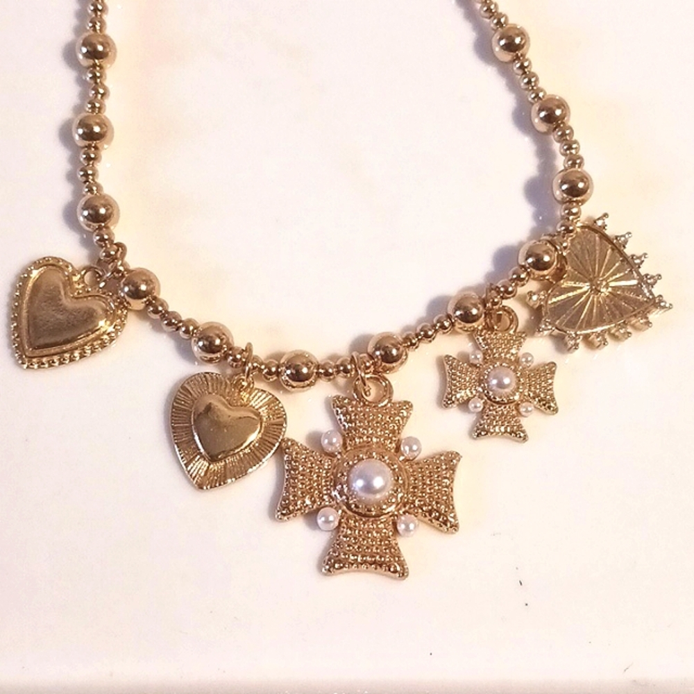 Persimmon⚜️Goldtone Charm Necklace with Hearts and Cross Pendants ⚜️💛⚜️